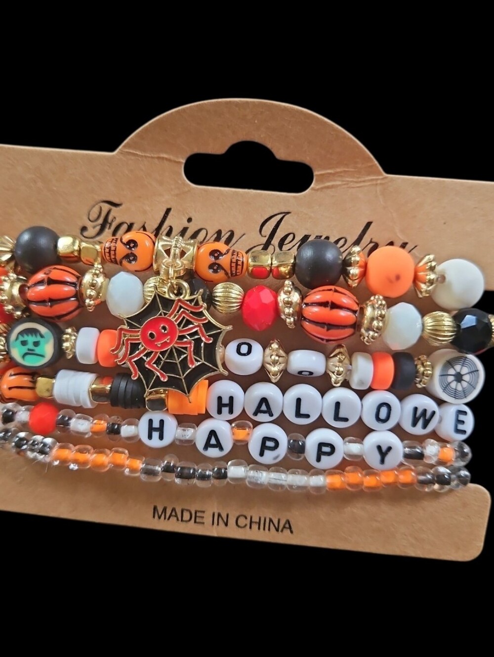 4 for $24 | Halloween Beaded Bracelet Set - Orange, Black & White